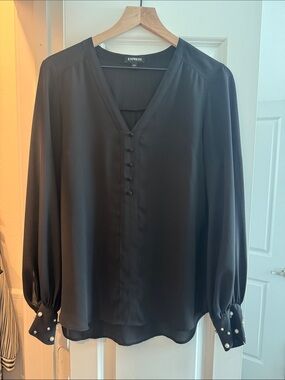 Express Black V-Neck Button-Front Blouse with Pearl Cuff Detail